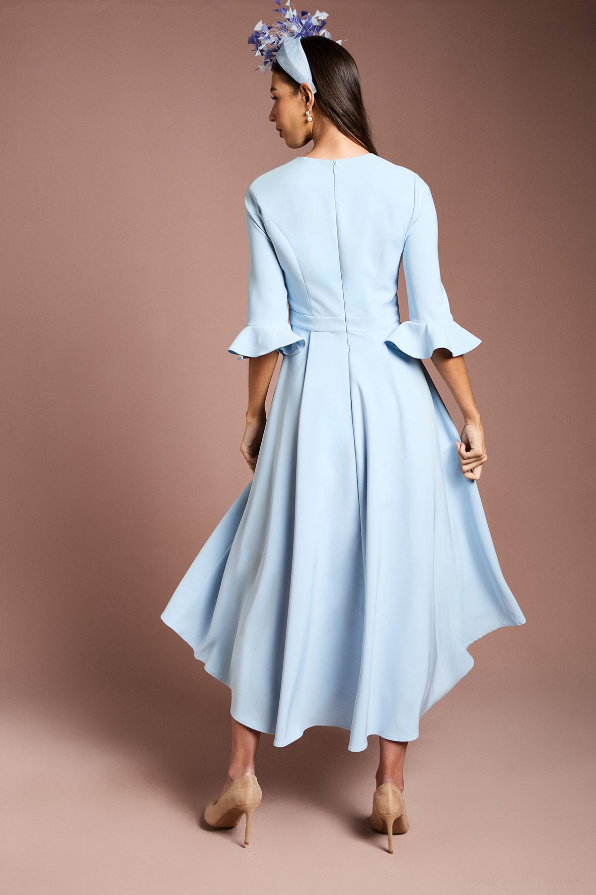 Coast Lisa Tan Satin High Low Midi Dress With Bow Detail Pale Blue image 3