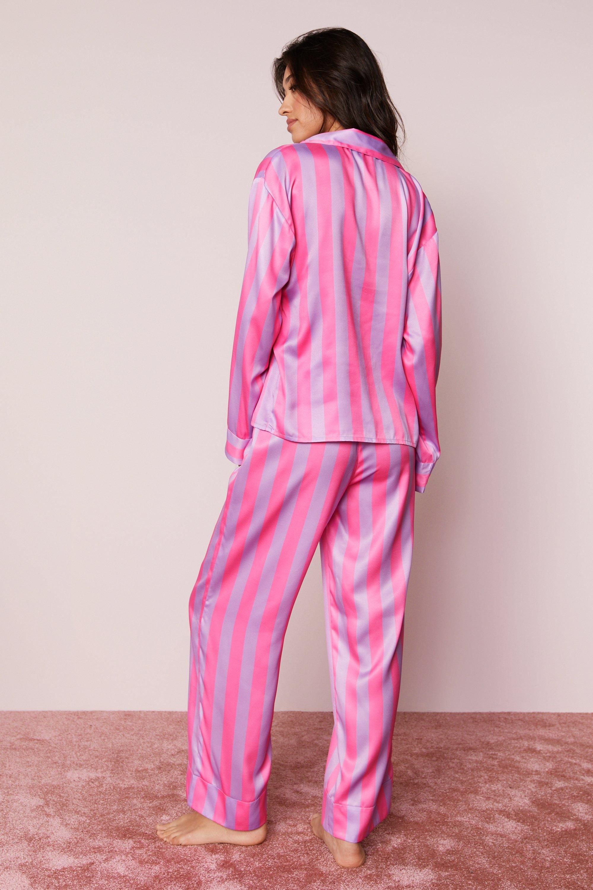 NastyGal Satin Oversized Stripe Pajama Pants Set Pink image 4