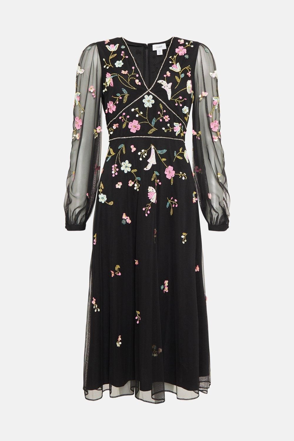 Coast Embellished Trim Long Sleeve Midi Dress Black image 4