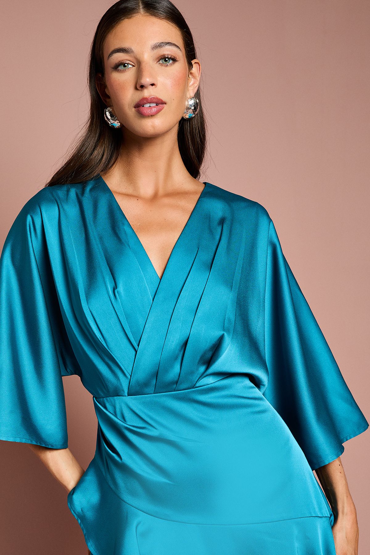 Coast Satin Back Crepe Ruffle Wrap Midi Dress Teal image 3