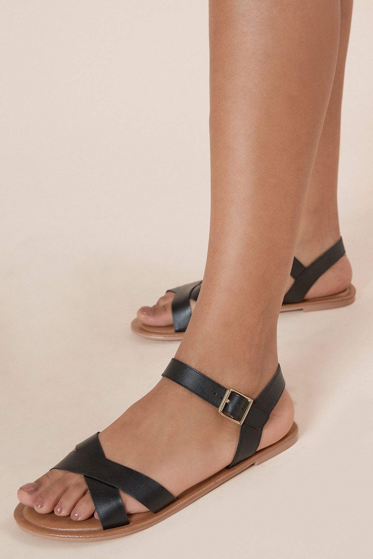 Dorothy Perkins Filomena Real Leather Cross Strap Flat Sandals Black image 4