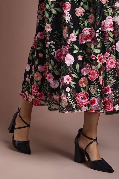 Coast Treat Faux Leather Cross Strap Pointed Block Heel Court Shoes Black