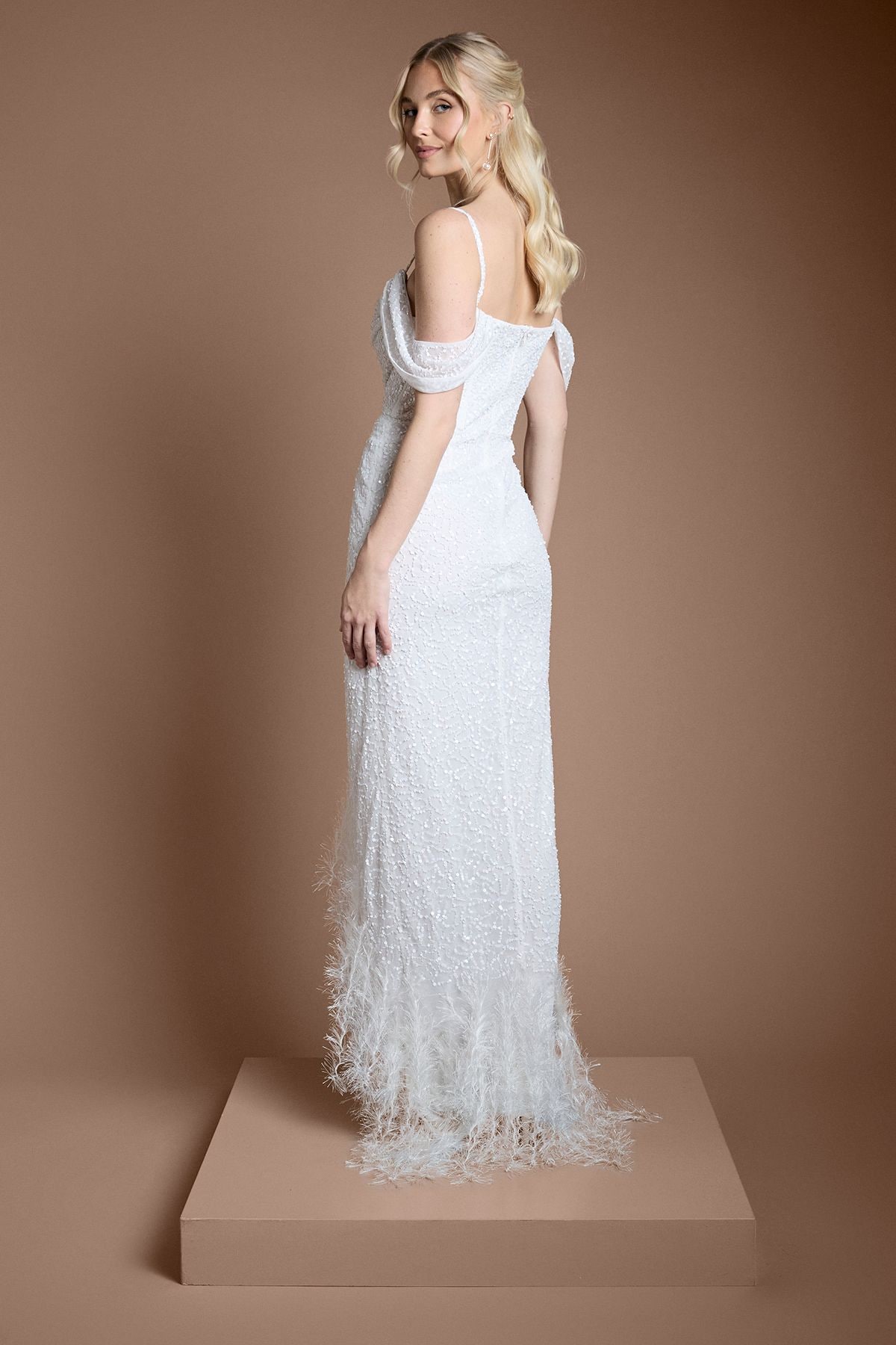 Coast Sequin Embellished Feather Trim Draped Bardot Maxi Wedding Dress Ivory image 3