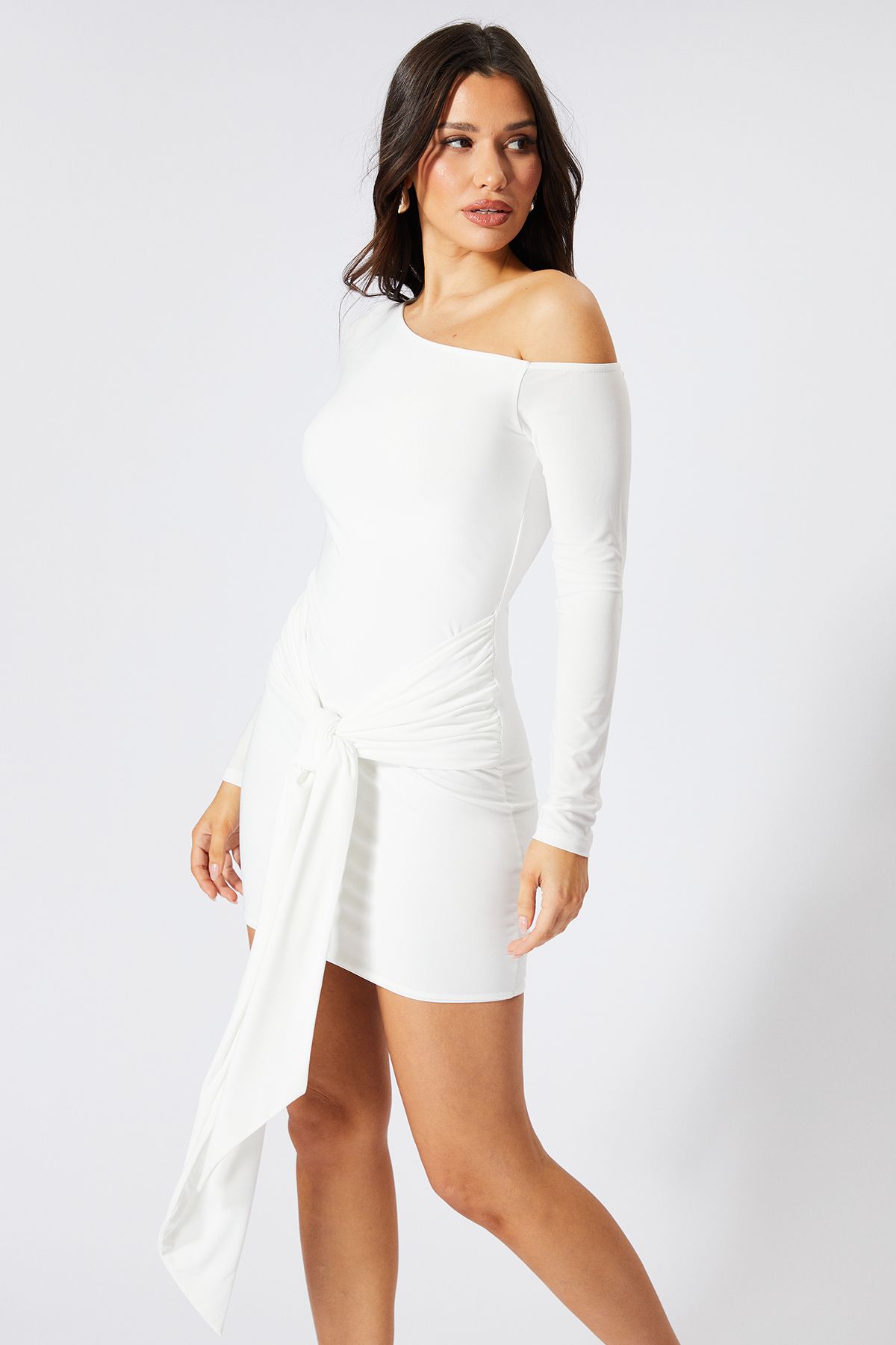 MissPap Drop Shoulder Tie Drape Mini Dress White image 2