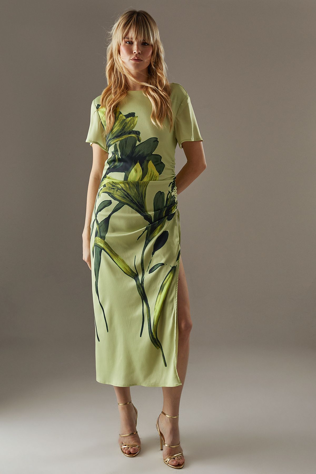 Warehouse Placement Print Crinkle Satin Ruched Midi Dress Lime Yellow image 1