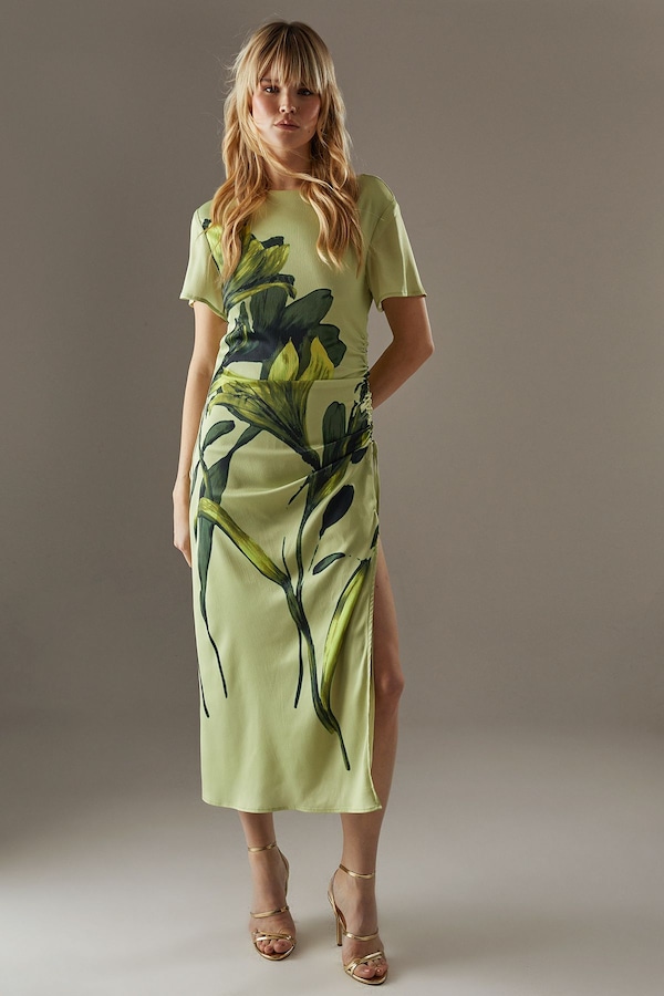 Warehouse Placement Print Crinkle Satin Ruched Midi Dress Lime Yellow