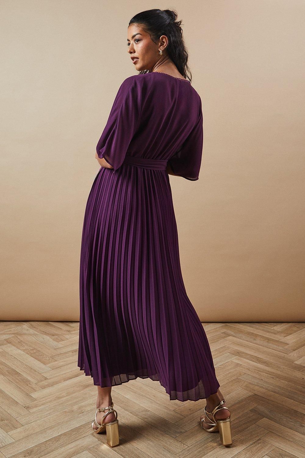 Oasis Petite Occasion Kimono Sleeve Pleated Midi Dress Plum image 3