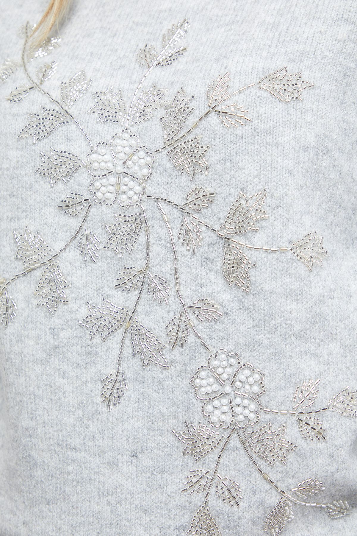 Oasis Floral Embellished Ribbed Shoulder Crew Neck Jumper Grey Marl image 5