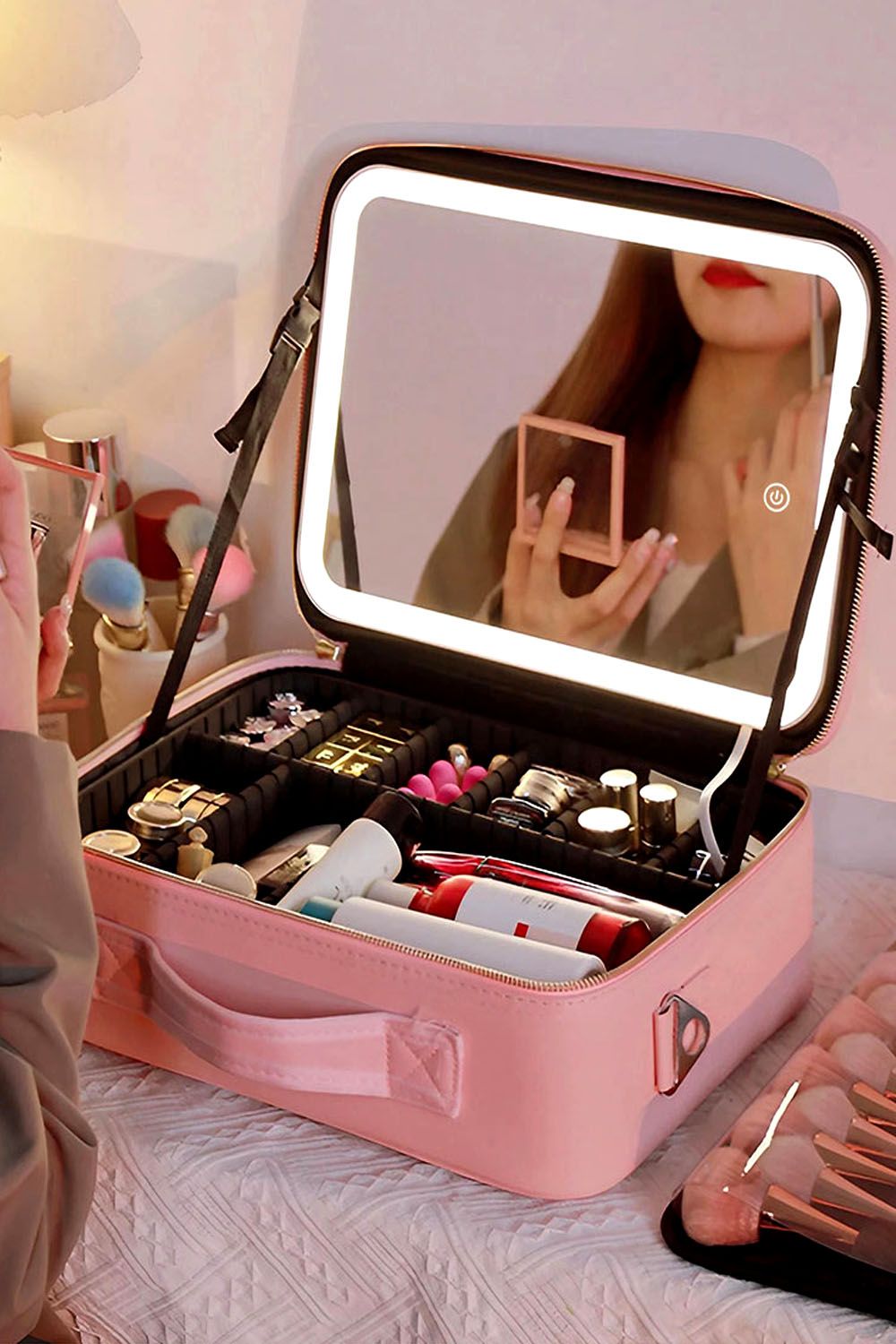 Living and Home Makeup Storage Bag with Three Colour LED Mirror image 1