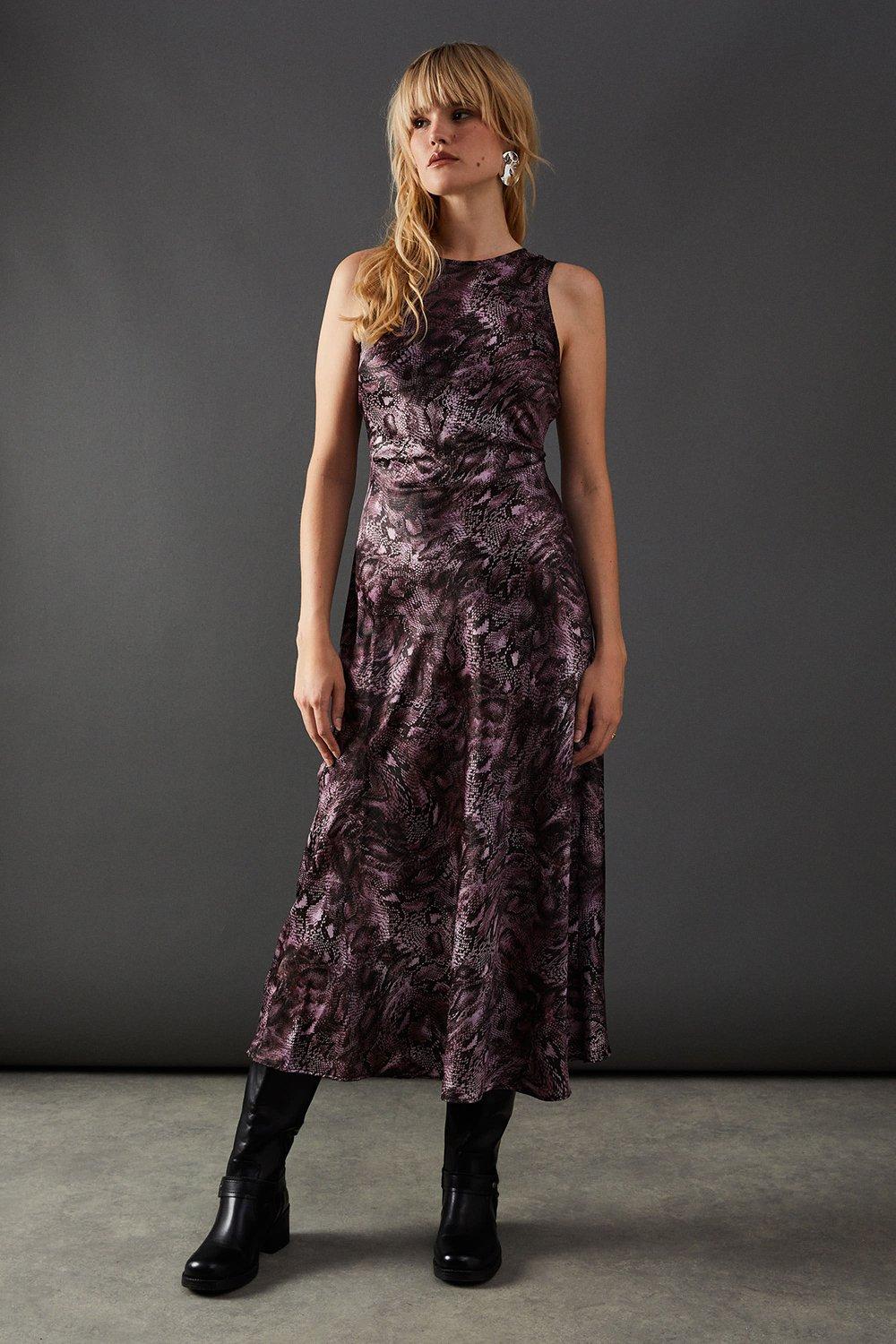 Warehouse Print Satin Racer Neck Bias Midi Slip Dress Snake image 1
