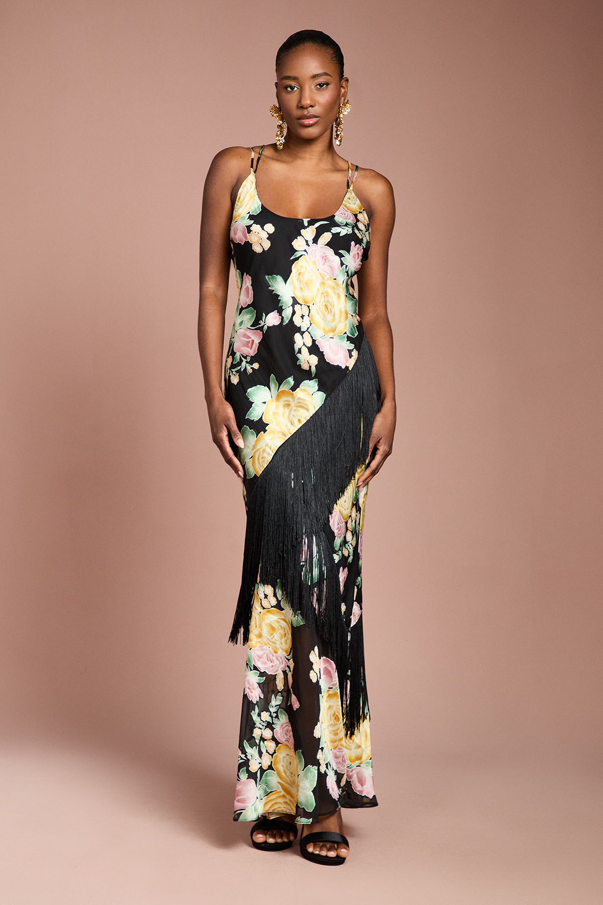 Coast Strappy Satin Jacquard Fringe Detail Maxi Dress Black image 1