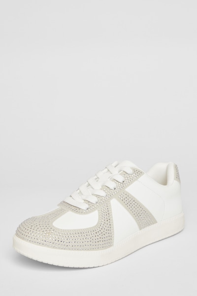 Quiz White Faux Leather Diamante Trainers