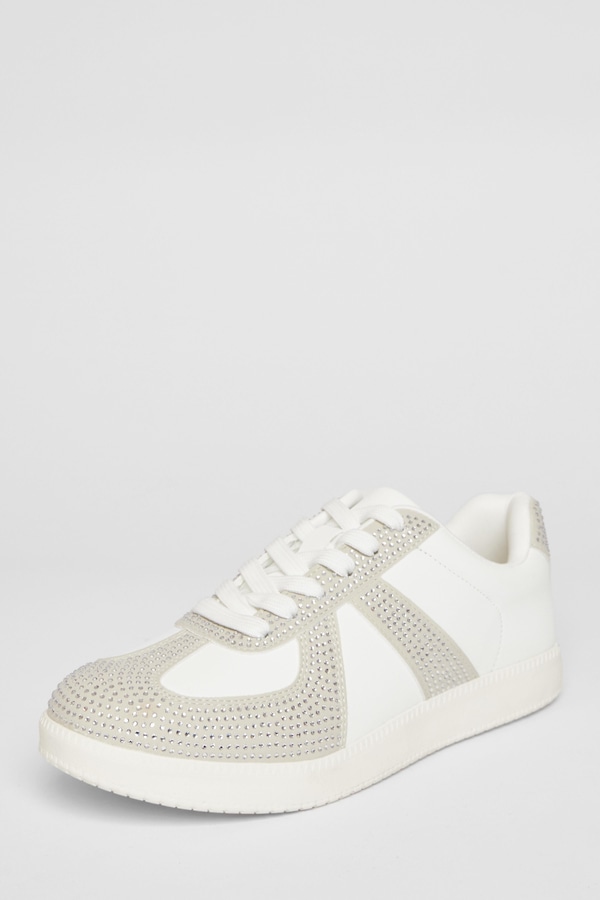 Quiz White Faux Leather Diamante Trainers