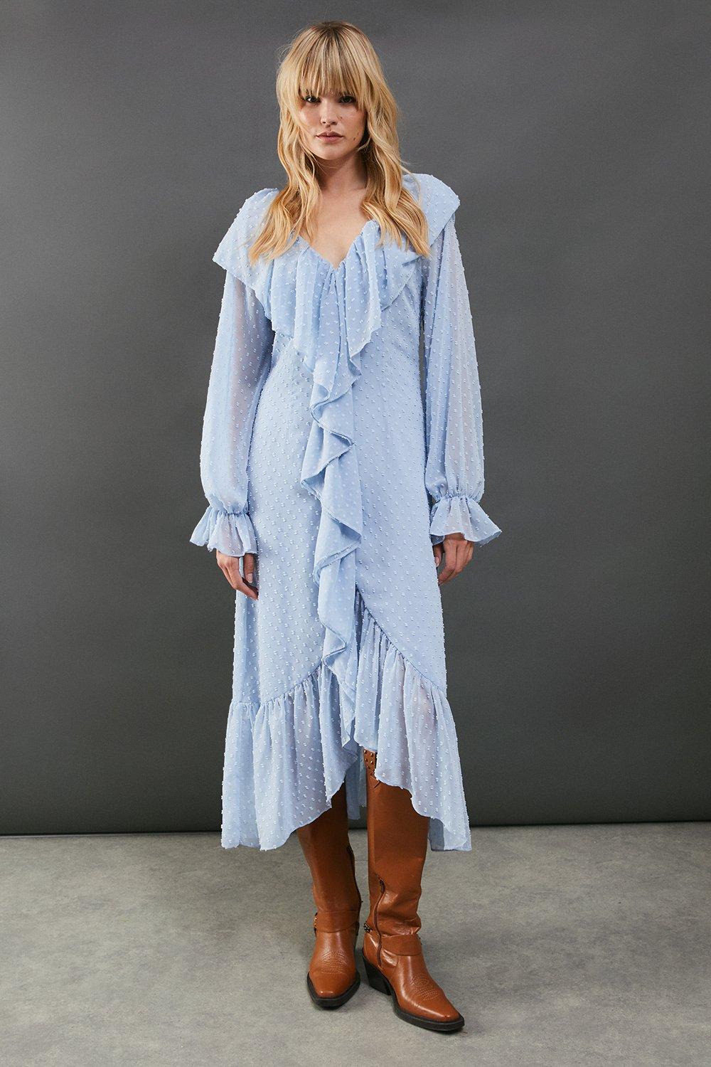 Warehouse Dobby Chiffon Ruffle High Low Hem Midi Dress Blue image 3