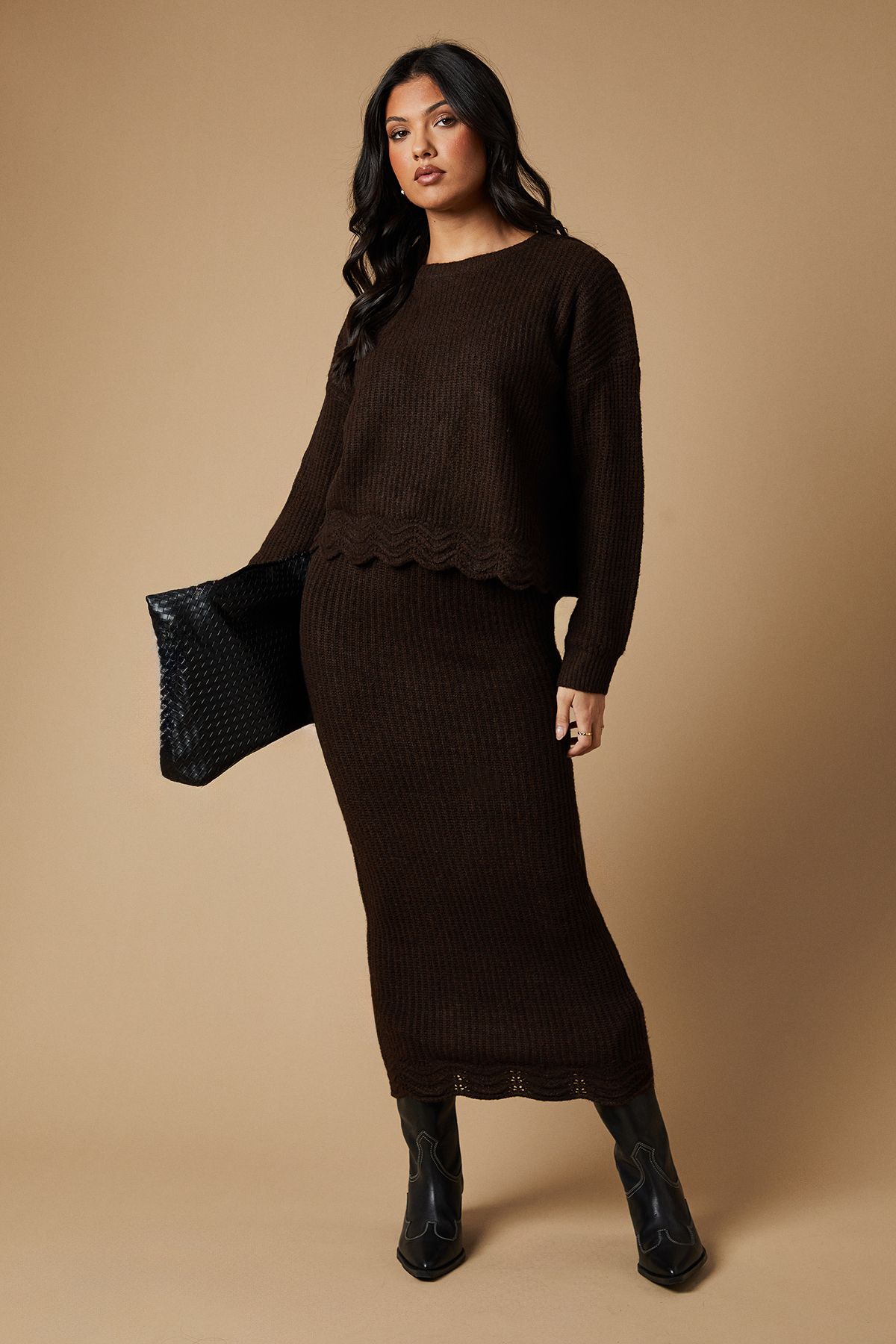 Oasis Scalloped Hem Crew Neck Jumper Co Ord Chocolate image 1