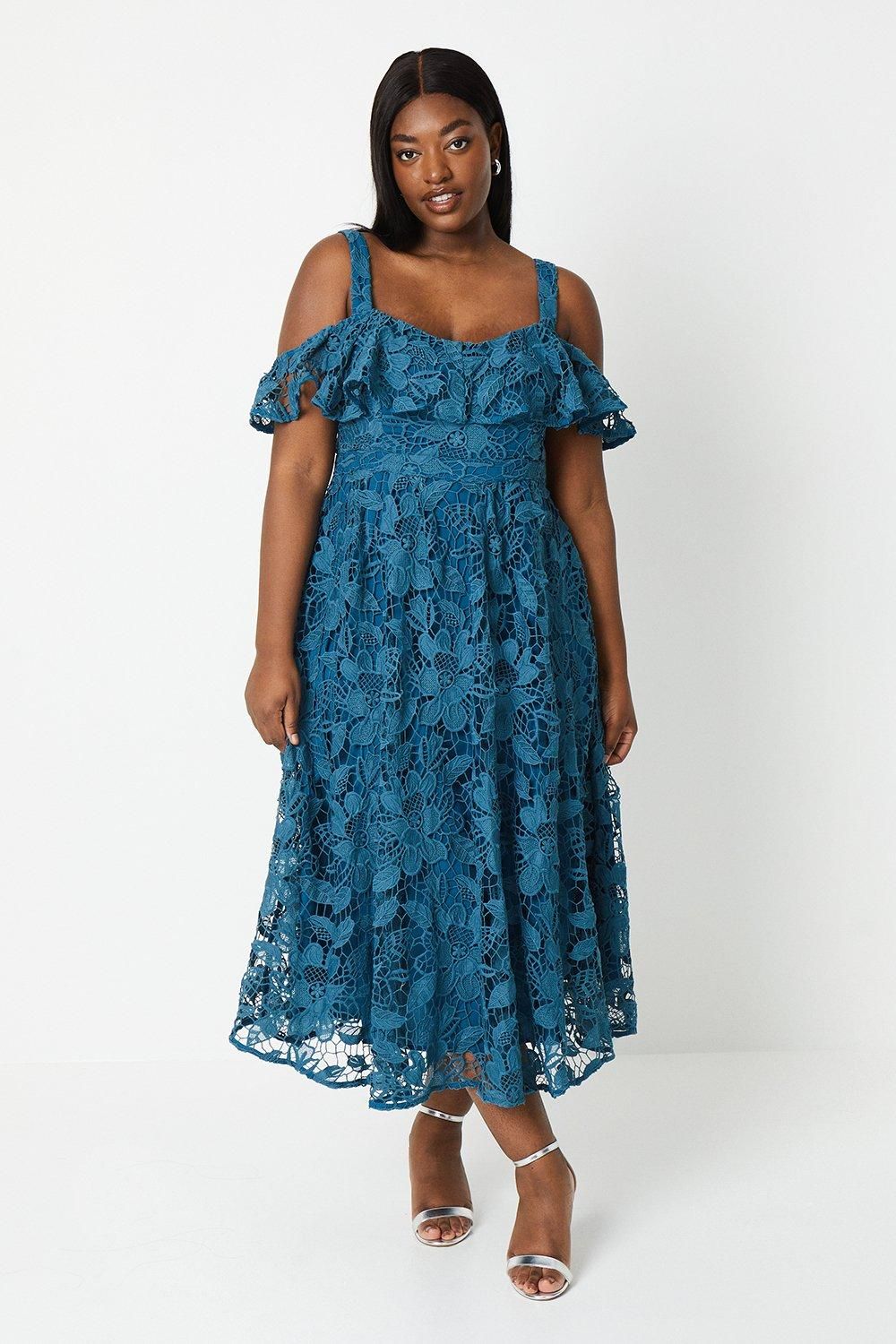 Coast Plus Bardot Frill Top Lace Midi Dress Navy image 1