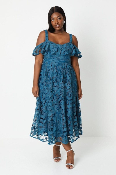 Coast Plus Bardot Frill Top Lace Midi Dress Navy