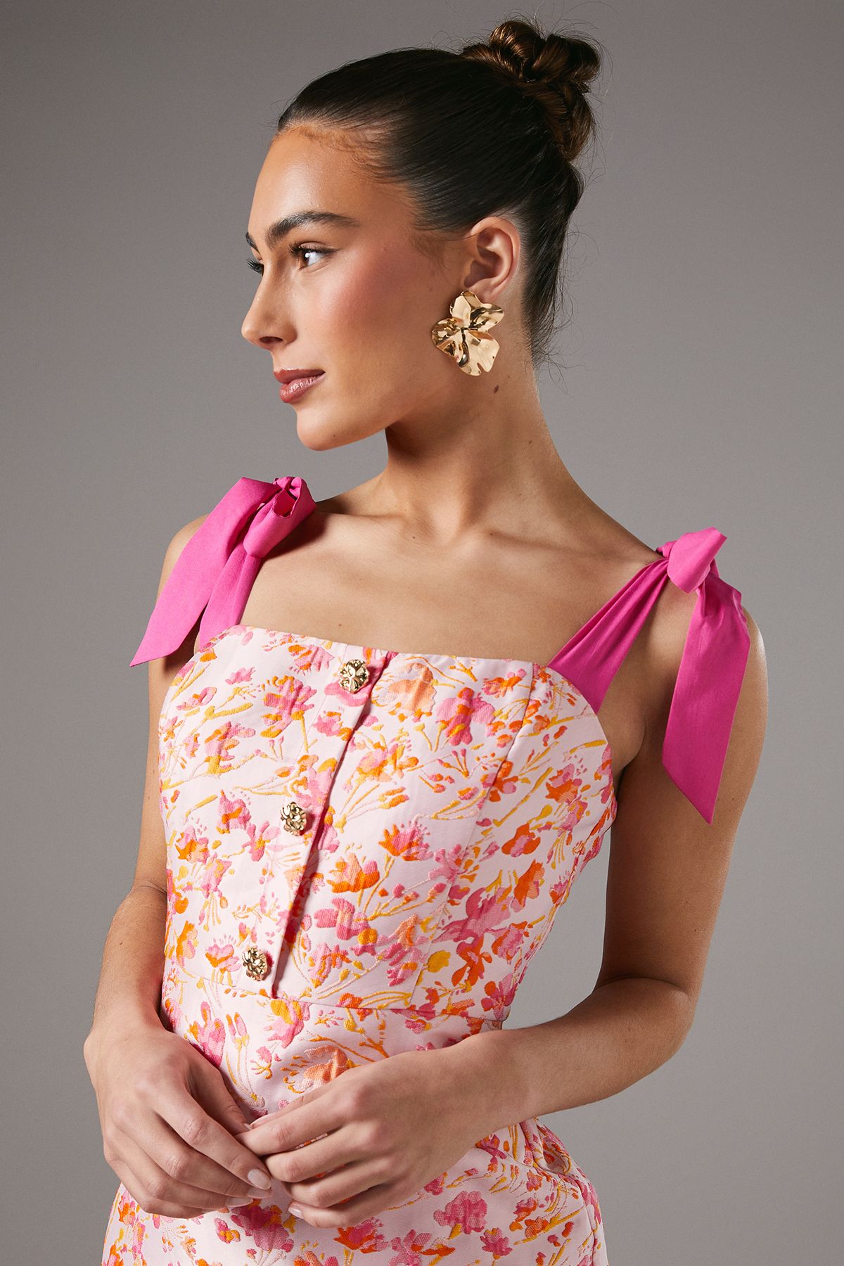 Coast Ditsy Floral Jacquard Dress With Shoulder Ties Pink image 3