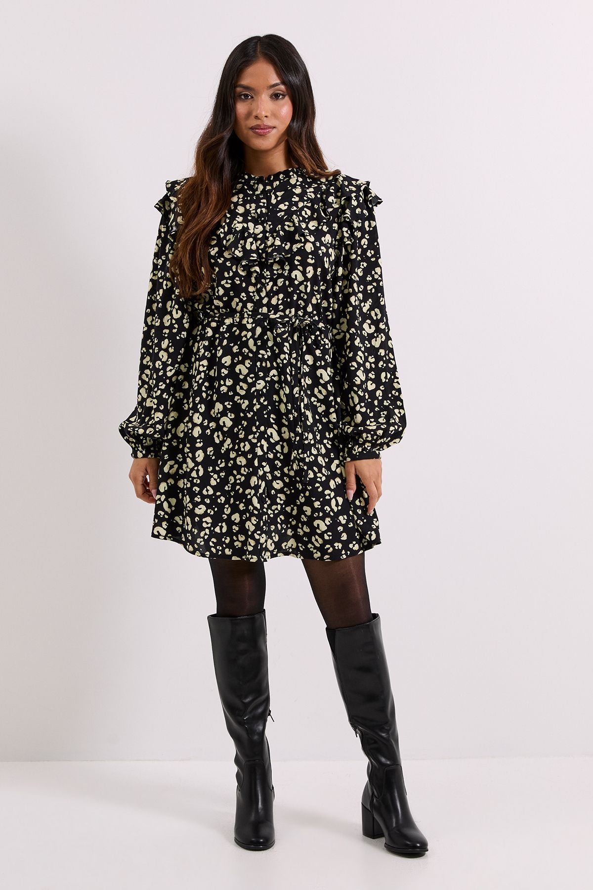 Dorothy Perkins Petite Yellow Animal Frill Yoke Belted Mini Shirt Dress Yellow image 2