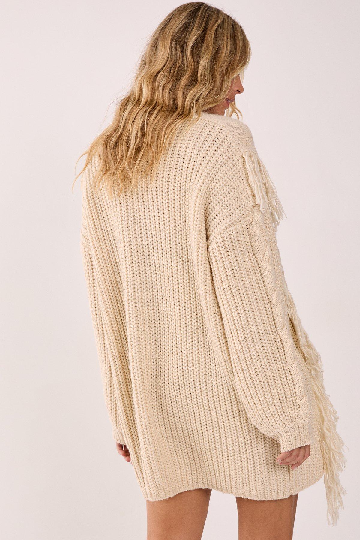 NastyGal (AZ)Fringe Cable Mix Longline Knitted Cardigan Cream image 3
