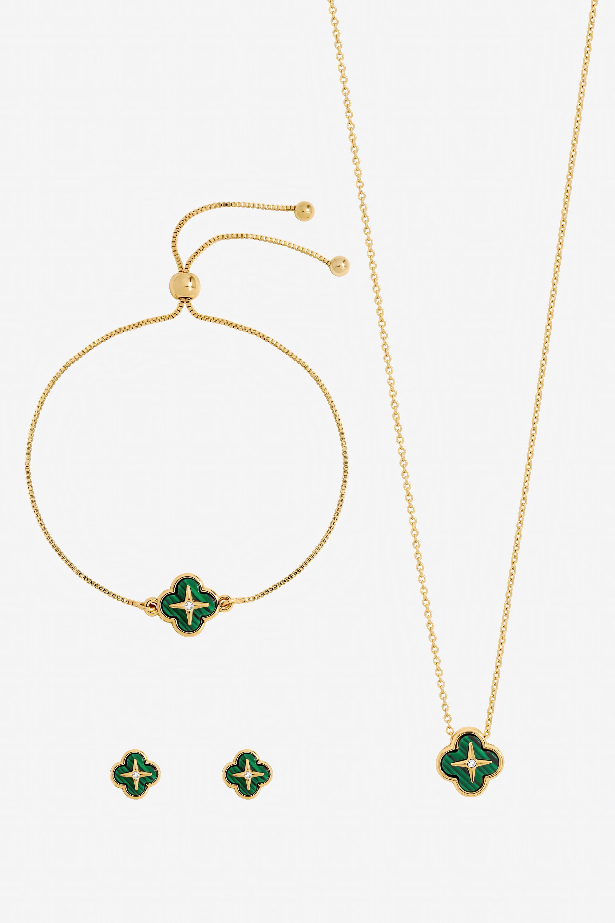 Jon Richard Gold Plated and Malachite Clover Trio Set - Gift Box image 2