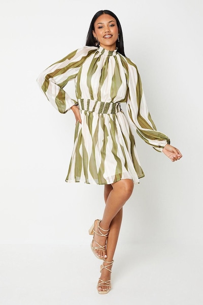 Coast Printed High Neck Blouson Sleeve Mini Dress Olive