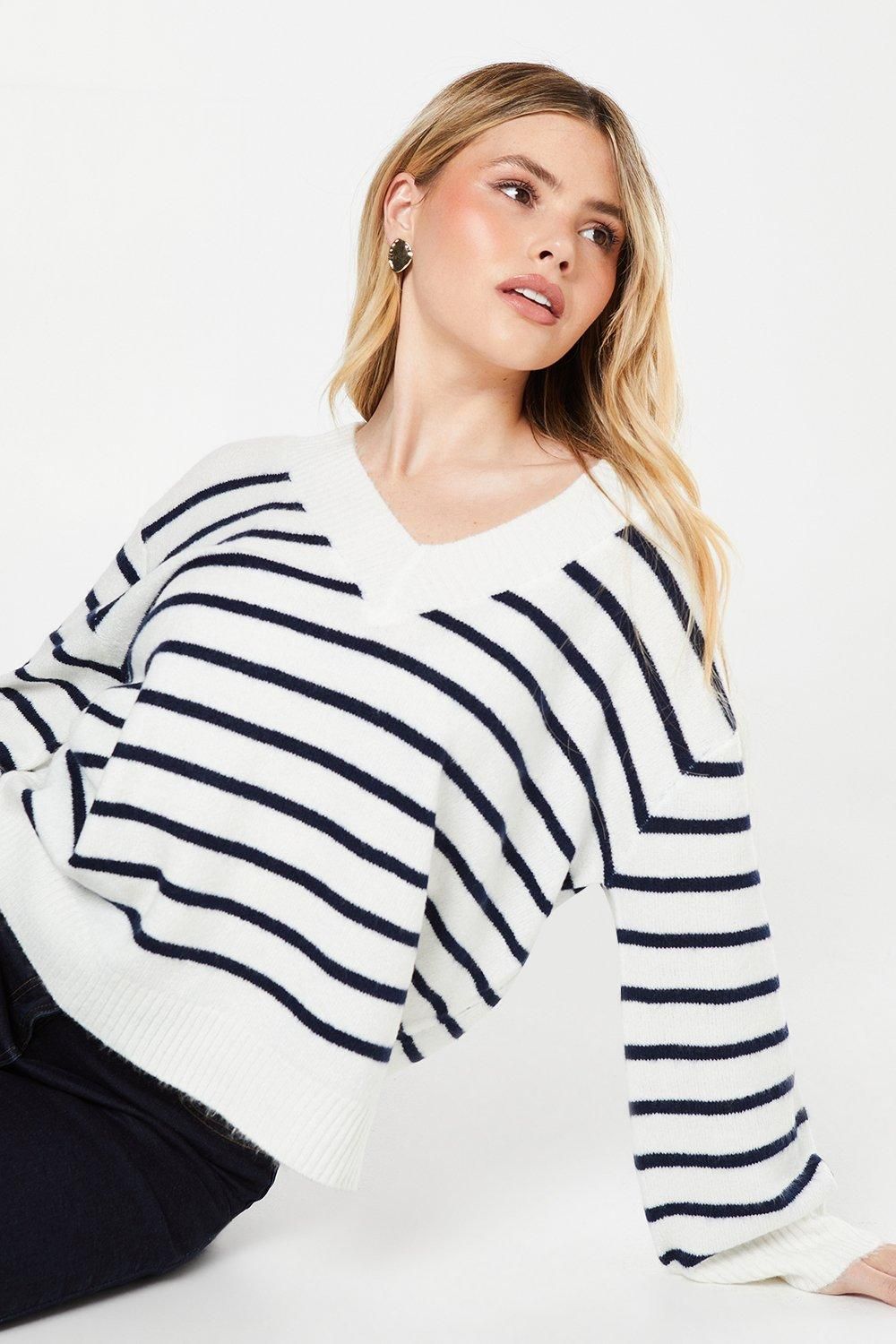 Dorothy Perkins V Neck Stripe Knitted Jumper White image 1