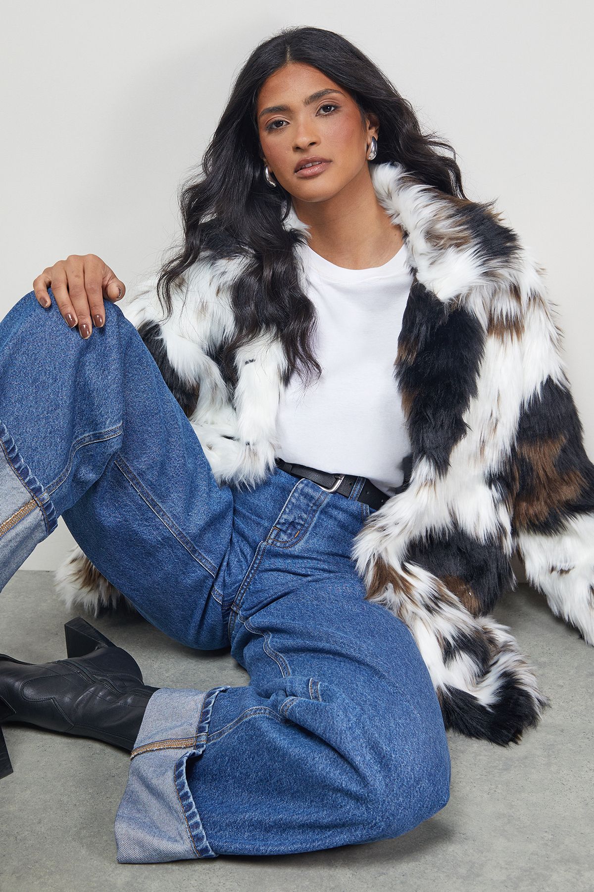 Warehouse Premium Funnel Neck Mono Cow Print Faux Fur Coat Mono image 4