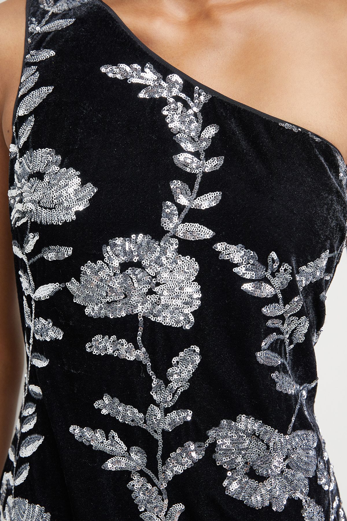 Warehouse Velvet Sequin One Shoulder Midi Dress Silver image 5