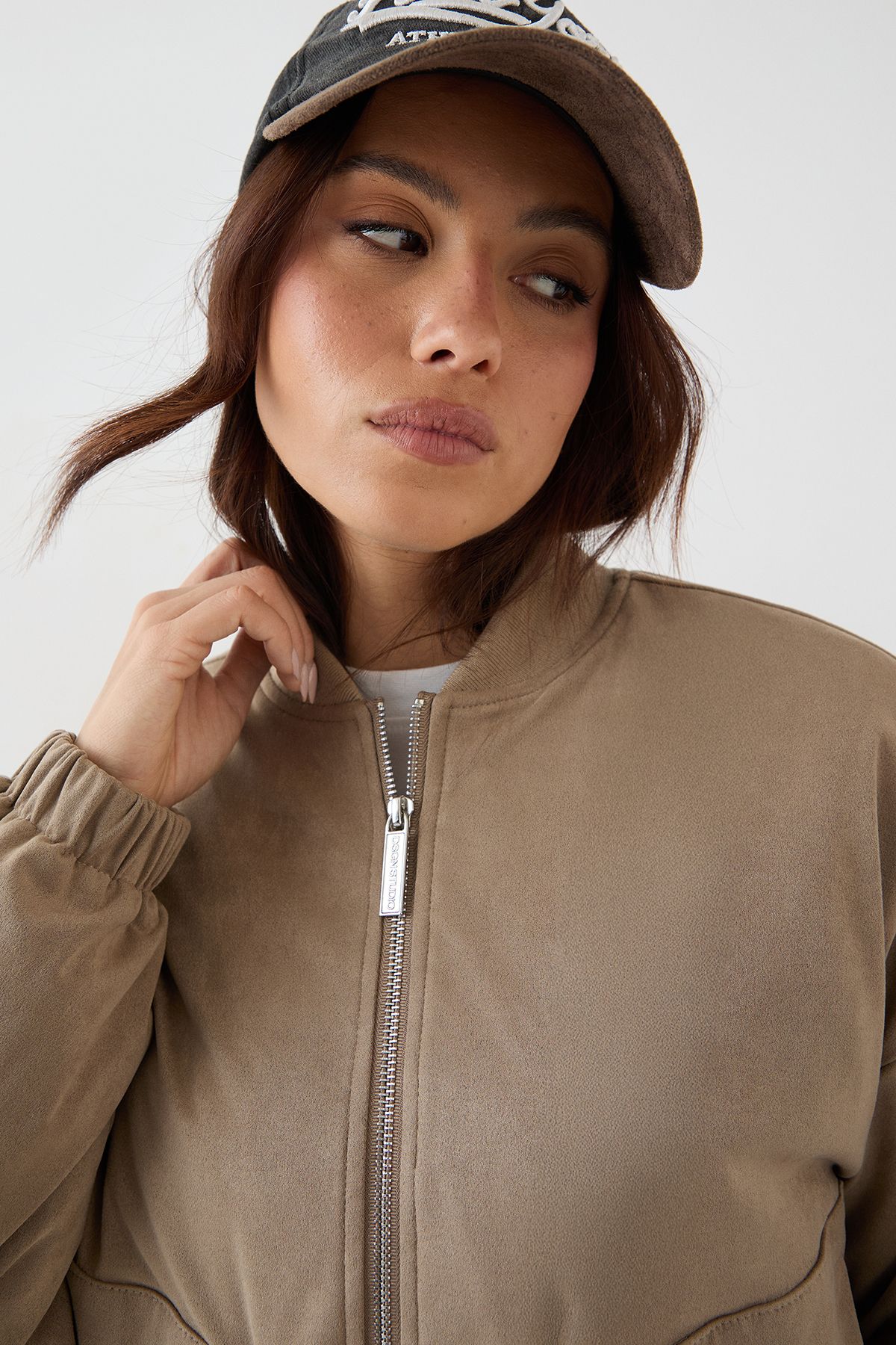 DSGN Studio DSGN Studio Faux Suede Padded Zip Through Bomber Jacket Stone image 4