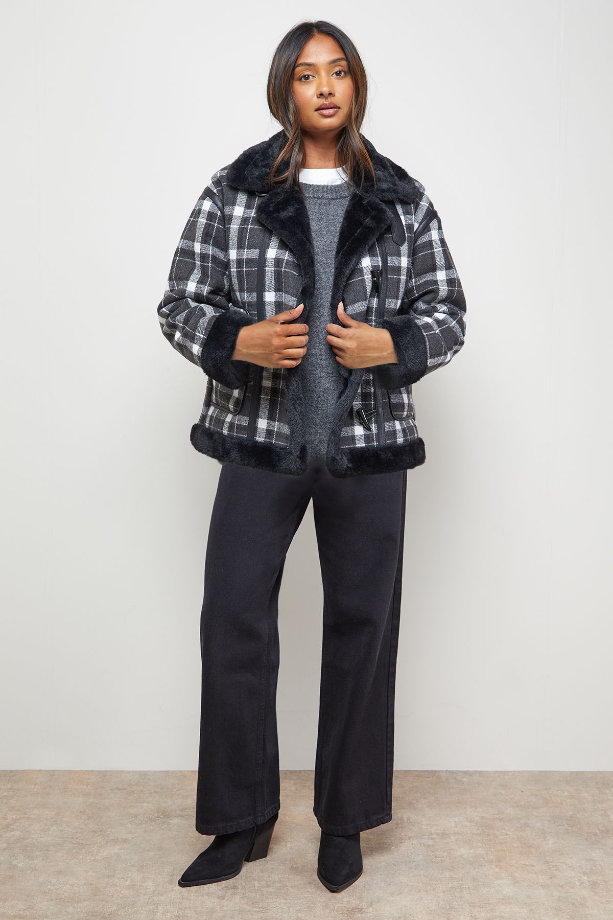 Oasis Shearling Trim Check Coat Mono