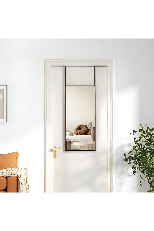 Living and Home 28x78cm Black Metal Frame Wall-Mounted Mirror with Hooks & for Door, Bedroom & Dorm Use
