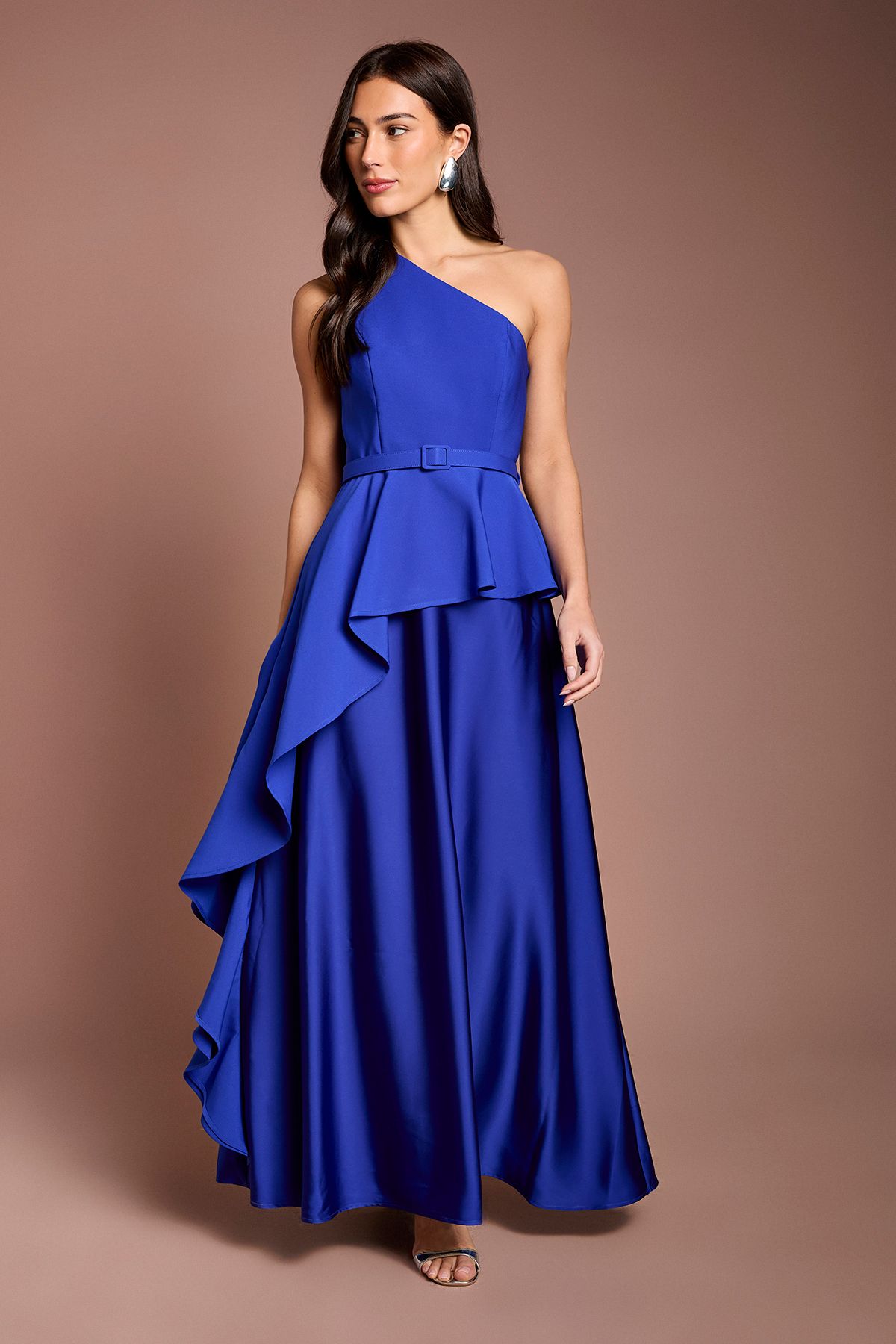 Coast One Shoulder Ruffle Detail Satin Maxi Dress Cobalt