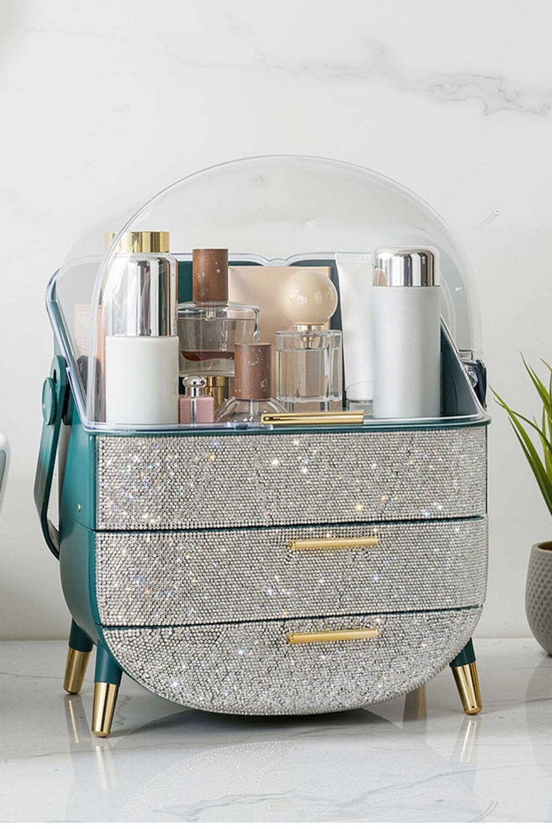 SHEONLY Countertop Portable Oval Makeup Storage Box with Transparent Cover image 2