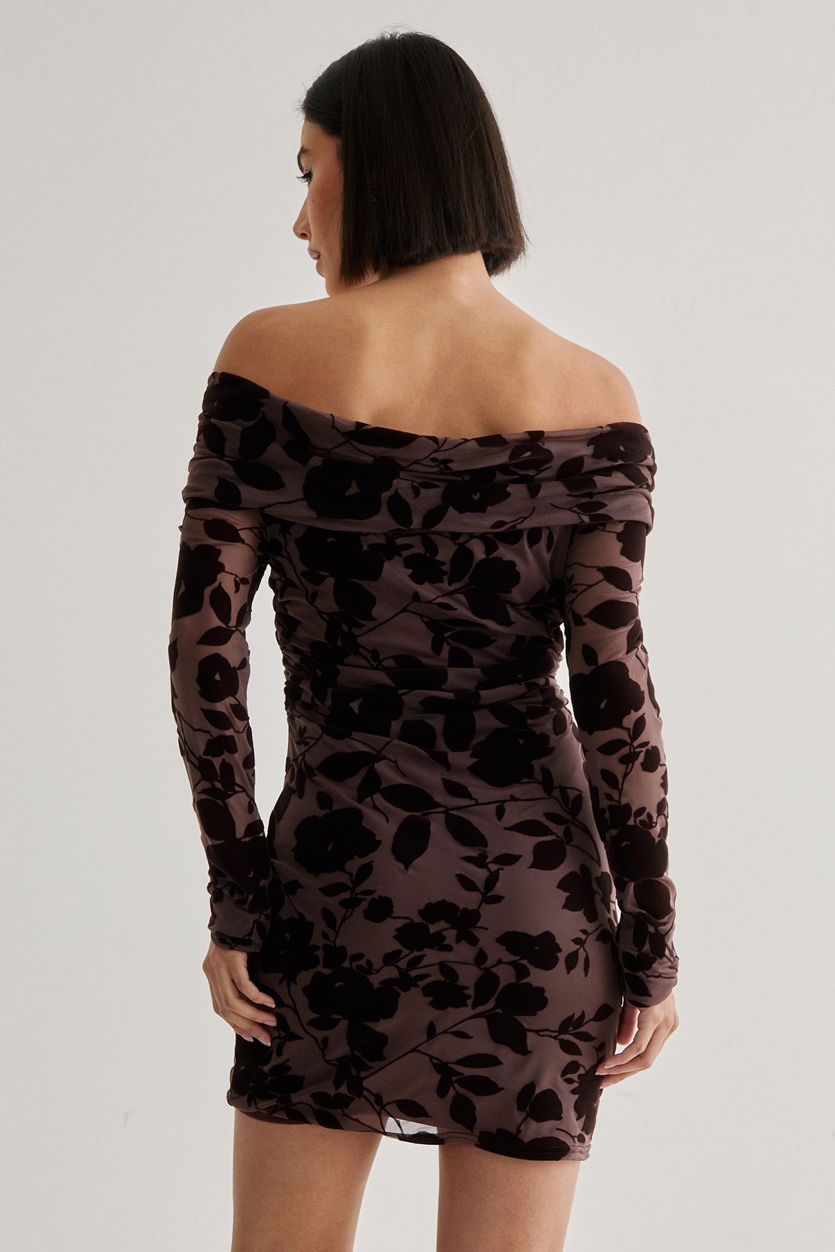 NastyGal Floral Devore Ruched Mini Dress Chocolate image 4