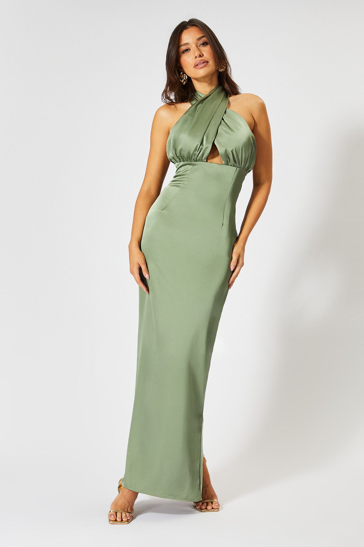 MissPap Satin Wrap Multi Way Maxi Dress Green image 2