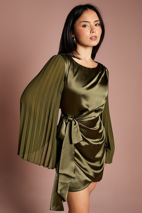 Coast Petite Satin Pleated Flare Sleeve Wrap Mini Dress Olive