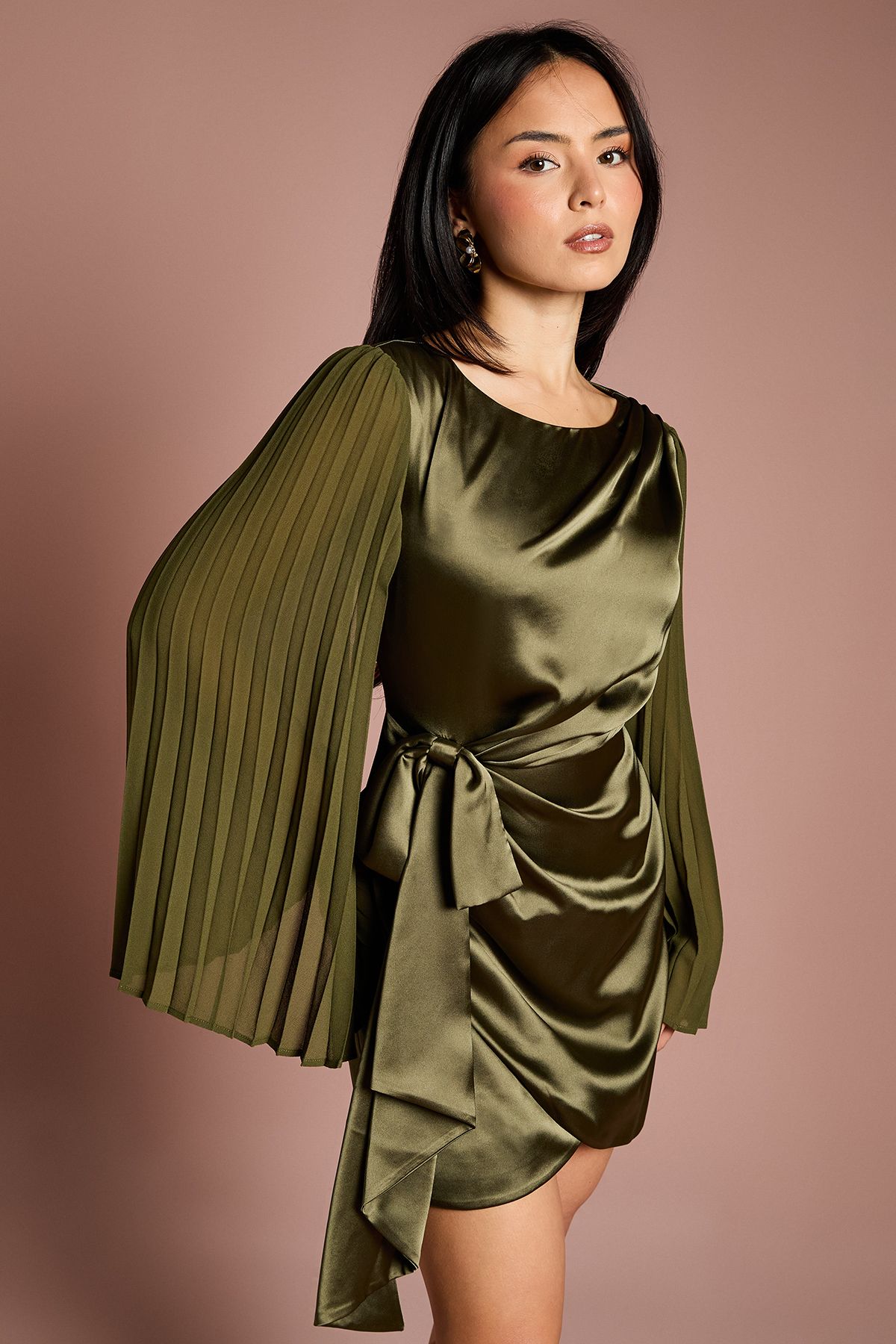 Coast Petite Satin Pleated Flare Sleeve Wrap Mini Dress Olive