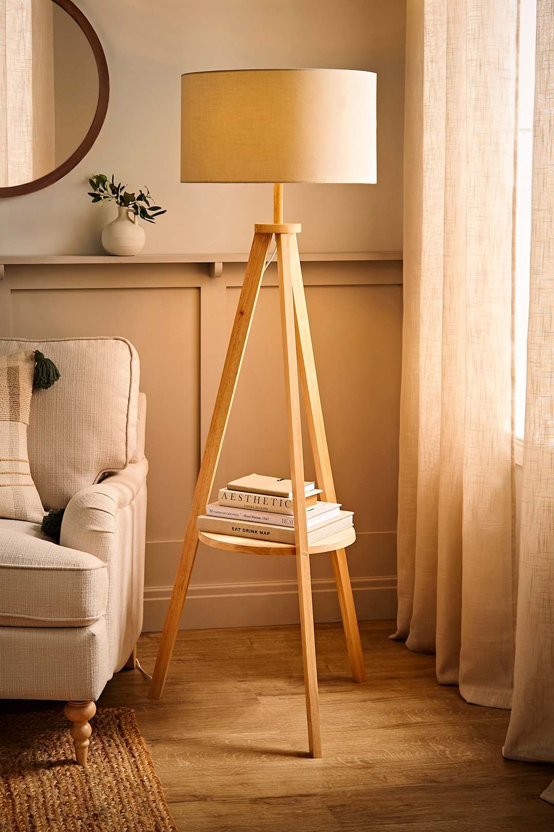 ValueLights Morrigan Natural Wood Tripod Floor Lamp with Fabric Drum Lamp Shade image 2