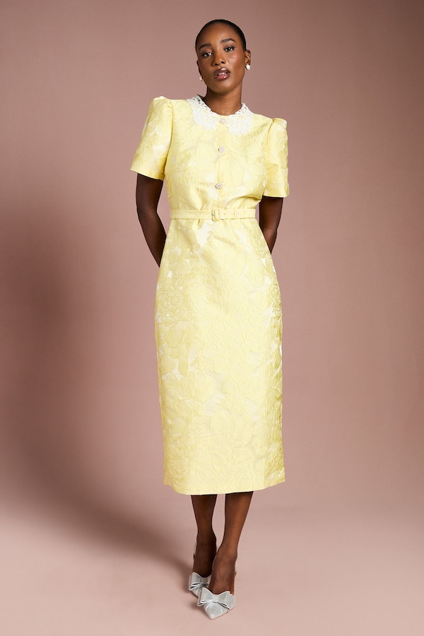 Coast Puff Sleeve Collared Jacquard Midi Dress Lemon