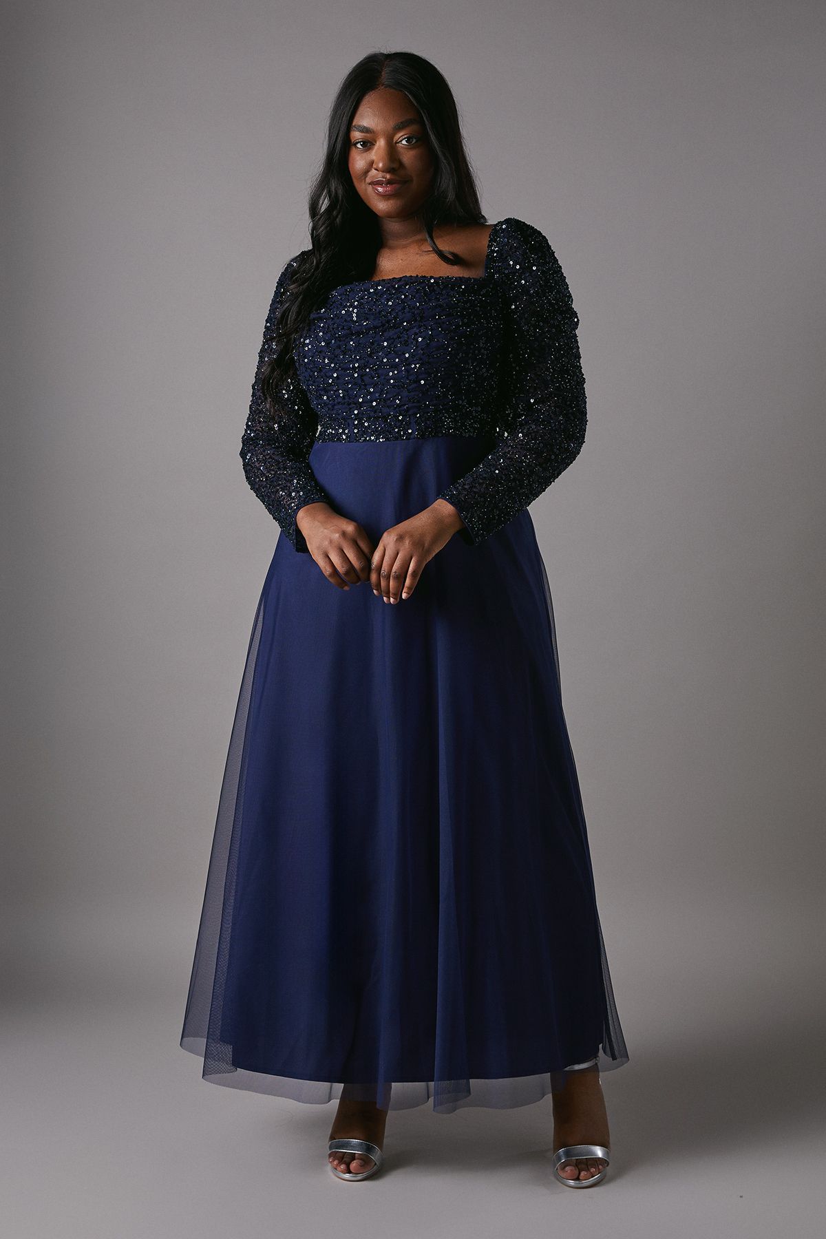 Coast Plus Size Sequin Long Sleeve Corset Tulle Bridesmaid Dress Navy image 3