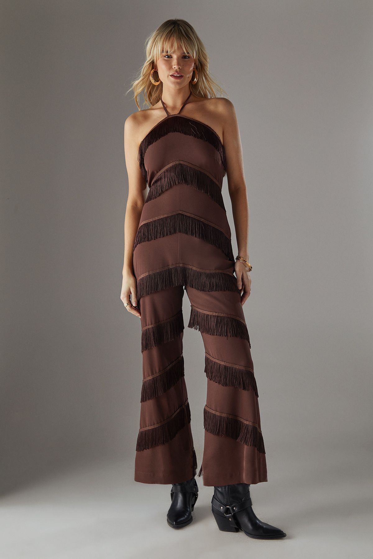Warehouse Premium Fringe Halter Jumpsuit Chocolate image 4