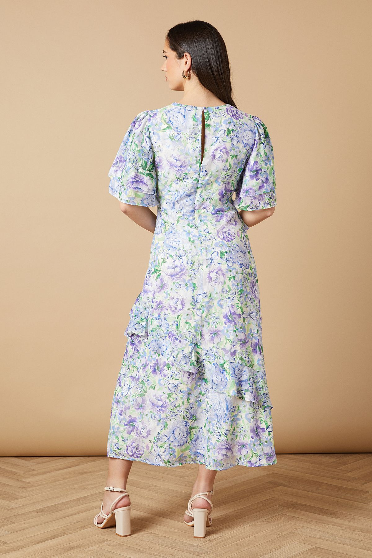 Oasis Occasion Floral Asymmetric Ruffle Jacquard Midi Dress Blue image 4