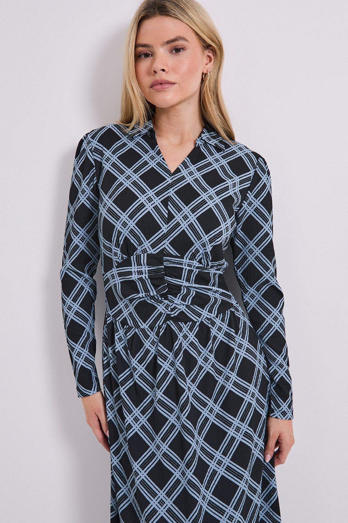 Dorothy Perkins Gingham Collared Shirred Back Long Sleeve Jersey Midi Dress Gingham image 4