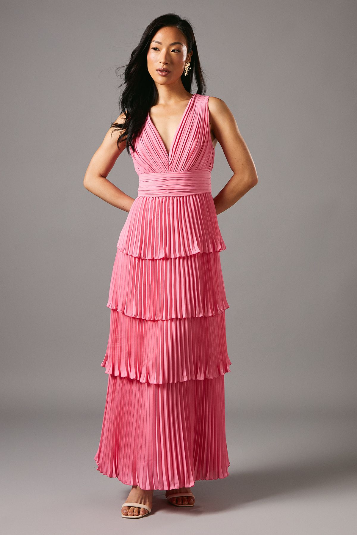 Coast Pleated Tiered Plunge Neck Dress Pink image 1