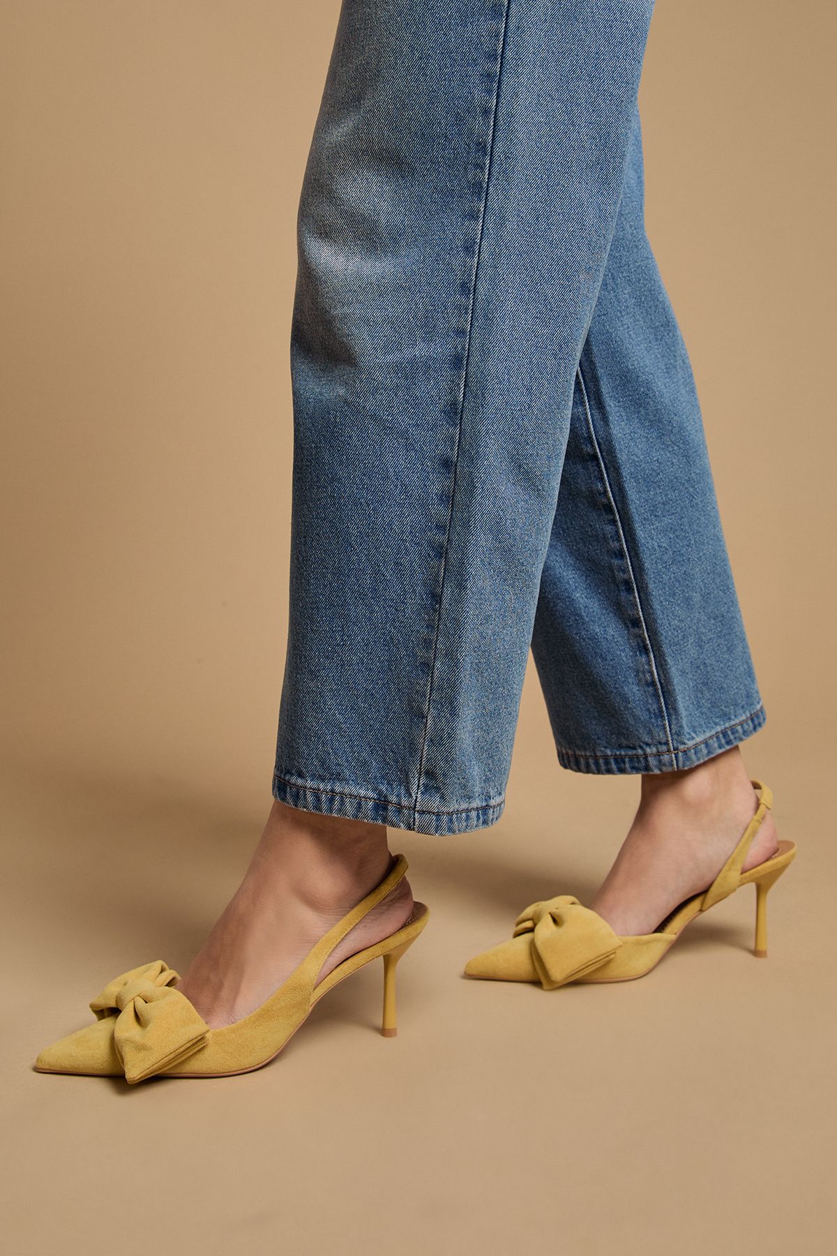 Oasis Rose Faux Suede Bow Detail High Stillo Heeled Slingback Court Shoes Yellow