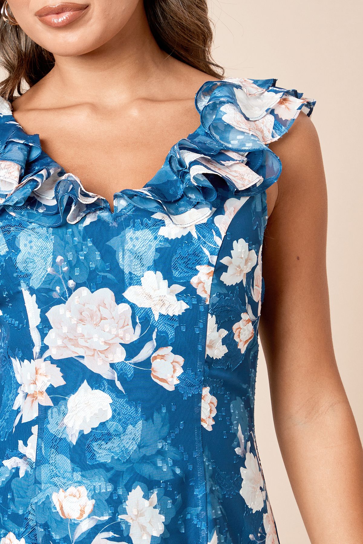 Dorothy Perkins DP Luxe Blue Floral Printed Jacquard Chiffon Ruffle Front Sleeveless Midi Dress Blue image 5