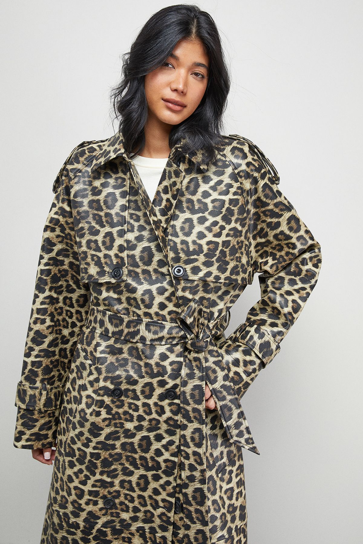 Warehouse PU Leopard Print Trench Coat Leopard image 2
