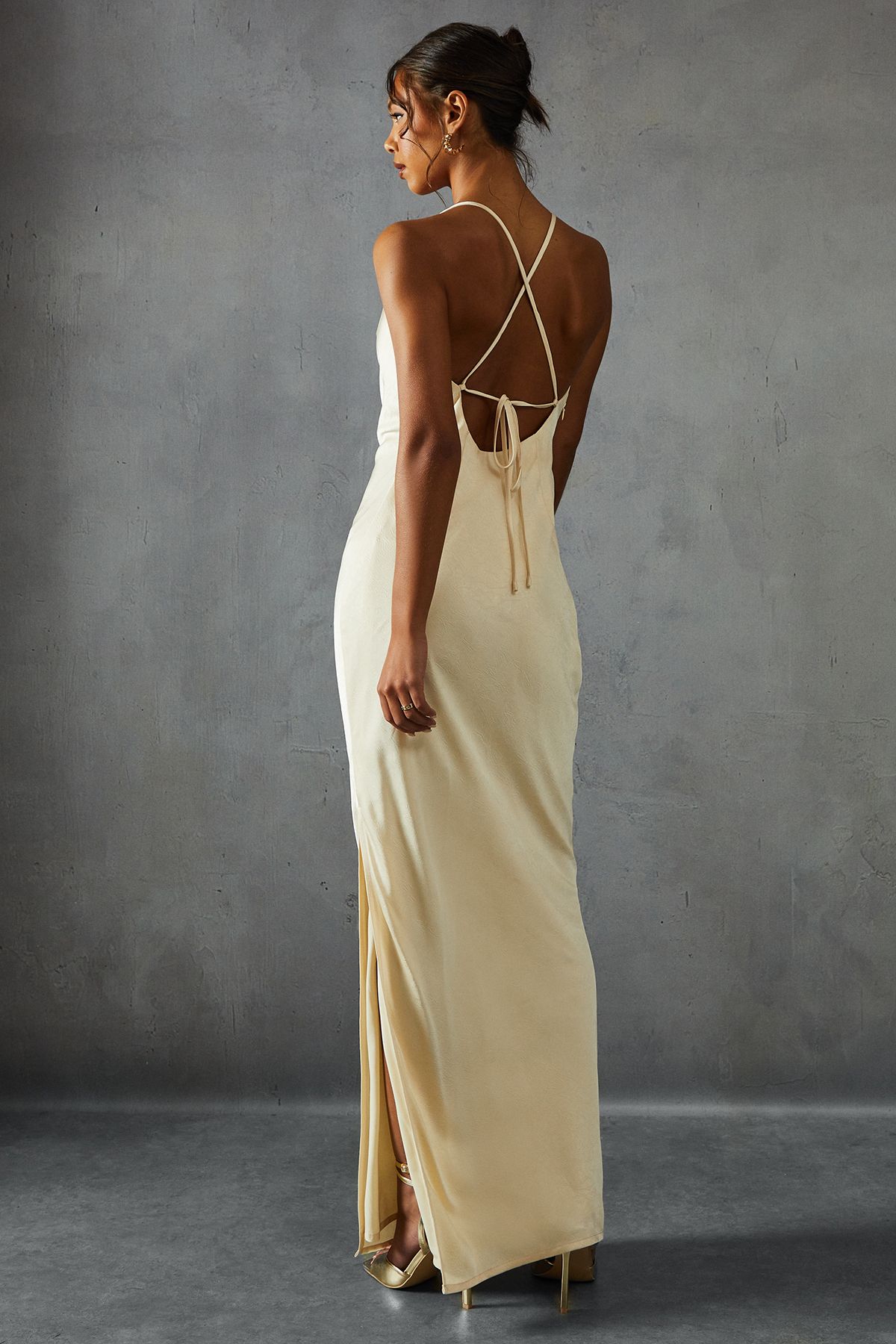 MissPap Textured Satin Cowl Neck Maxi Dress Butter image 3