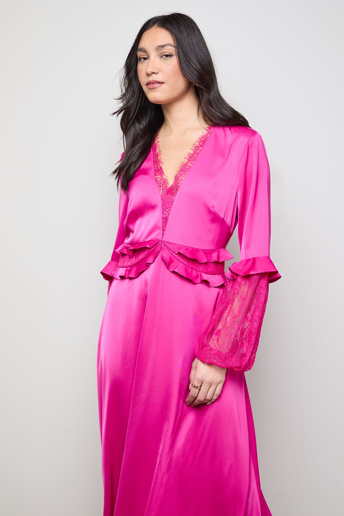 Oasis Lace Sleeve Frill Waist V Neck Midi Dress Fuchsia image 2